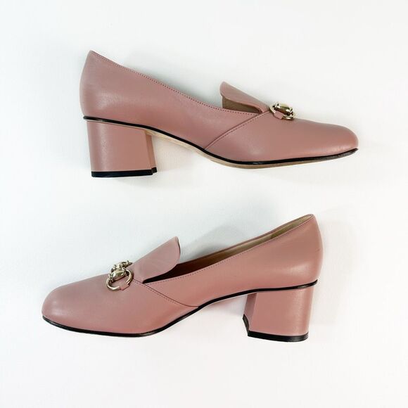 GUCCI Blush Pink Kira Horsebit Square Toe Pump 38 US 8 Leather Block Mid Heel - Picture 8 of 12